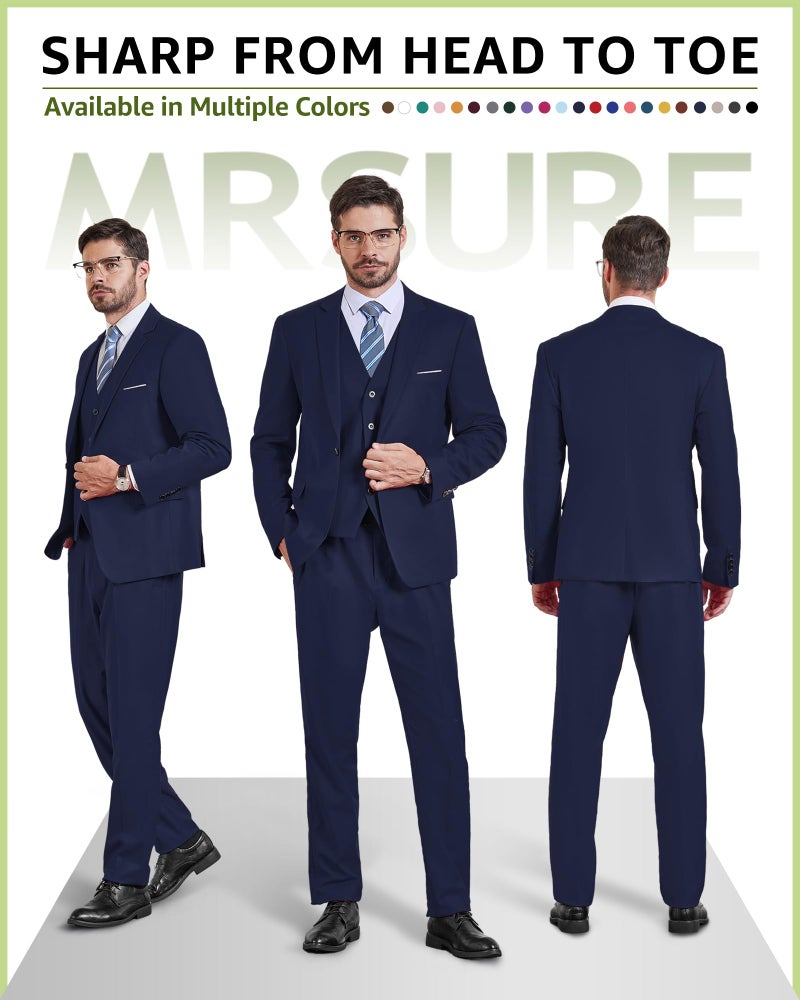 MrSure Men's 3 Piece Suit Blazer, Slim Fit Tux with One Button, Jacket Vest Pants & Tie Set for Party, Wedding and Business Deep Blue - Image 2